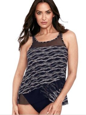 Miraclesuit Mirage Linked In Tankini Top Black Gray Silver Tan Gold Size 14 DD